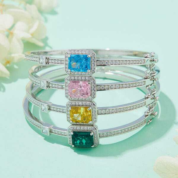 YELLOW-PINK-BLUE Rectangular high-carbon diamond bracelet AND Green baguette lab-grown emerald bracelet (BZH22U) - Image 2