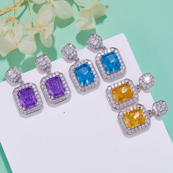 Yellow-Purple-Ocean Blue rectangular high-carbon diamond earrings (BZH31S) - Image 2