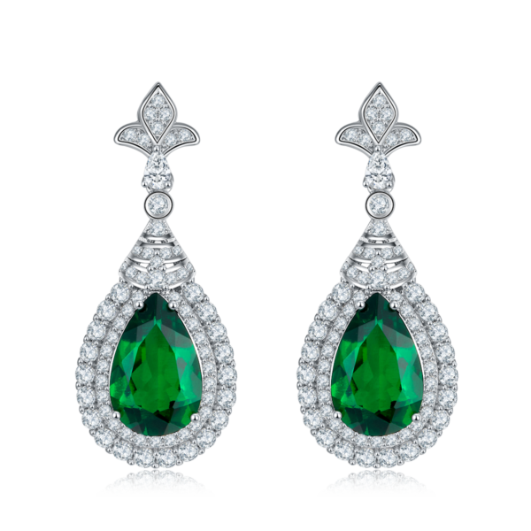 Pear-shaped lab-grown emerald S925 silver plated white gold earrings (BZH52S) - Image 2