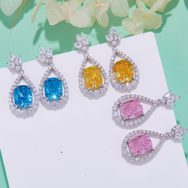 Yellow-Pink-Ocean Blue rectangular high-carbon diamond earrings (BZH33S) - Image 2