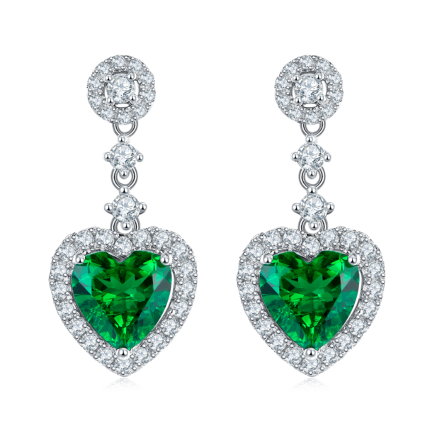 Heart-shaped lab-grown emerald S925 silver plated white gold earrings (BZH55S) - Image 2