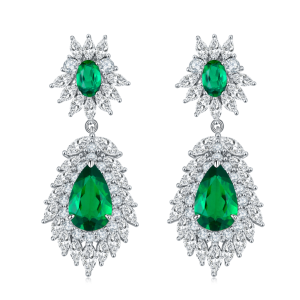 Pear-shaped lab-grown emerald S925 silver plated white gold earrings (BZH57S) - Image 2