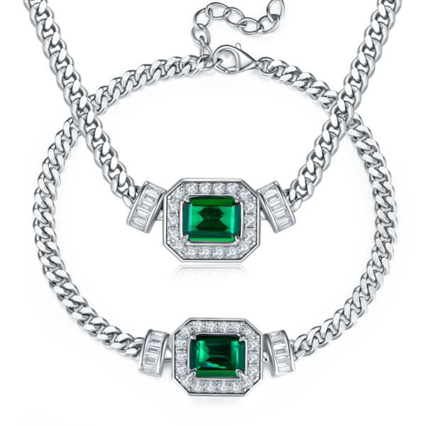 Baguette Lab Emerald S925 Silver Plated White Gold Necklace Bracelet Set (BZH58T)