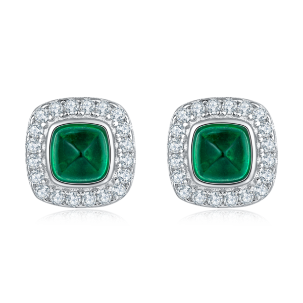 Cushion shaped nudified emerald S925 silver plated white gold earrings (BZH43S) - Image 2