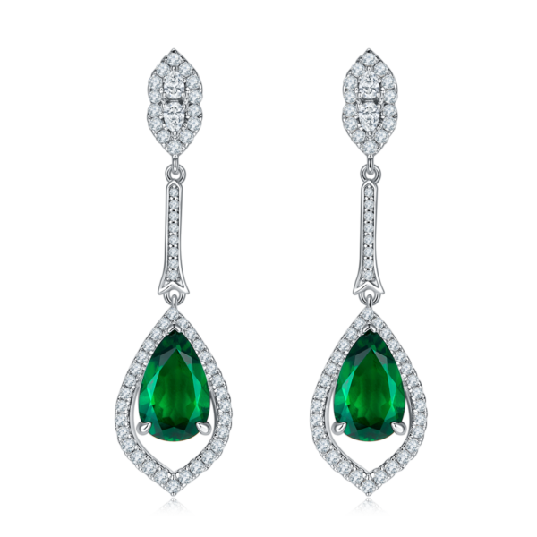 Pear-shaped lab-grown emerald S925 silver plated white gold earrings (BZH59S) - Image 2