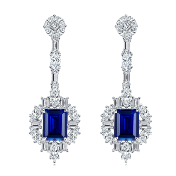 Baguette Lab Sapphire S925 Silver Plated White Gold Earrings (BZH60S) - Image 2