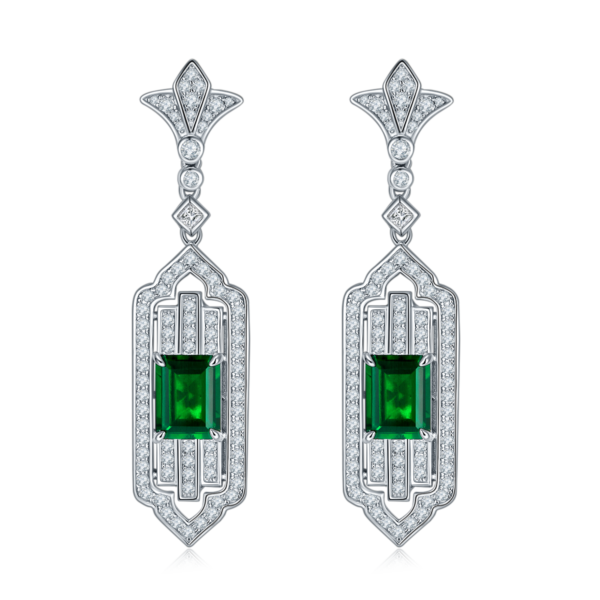 Baguette Nug-Ed Emerald S925 Silver Plated White Gold Earrings (BZH61S) - Image 2