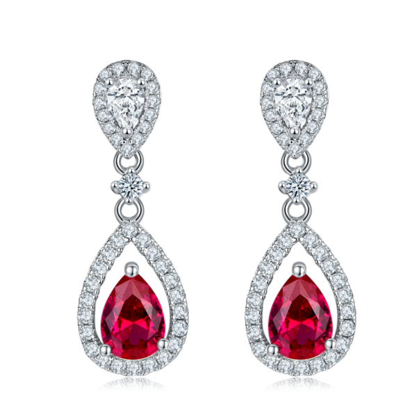 Pear-shaped lab-grown ruby S925 silver plated white gold earrings (BZH63S) - Image 2