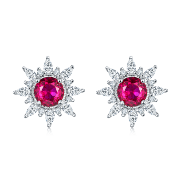 Round Lab Ruby S925 Silver Plated White Gold Earrings (BZH64S) - Image 2