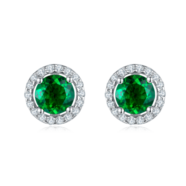 Round shape cultured emerald S925 silver plated white gold earrings (BZH65S) - Image 3