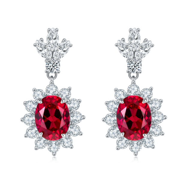 Egg-shaped lab-grown ruby S925 silver and white gold-plated earrings (BZH68S) - Image 2