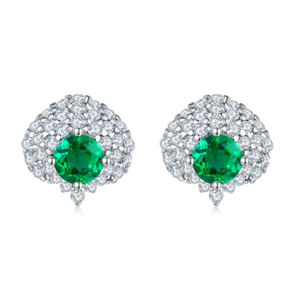 Round Bred Emerald S925 Silver Plated White Gold Earrings (BZH44S) - Image 2