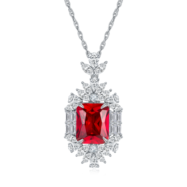 Baguette-grown ruby S925 silver-plated white gold necklace (BZH71O) - Image 2