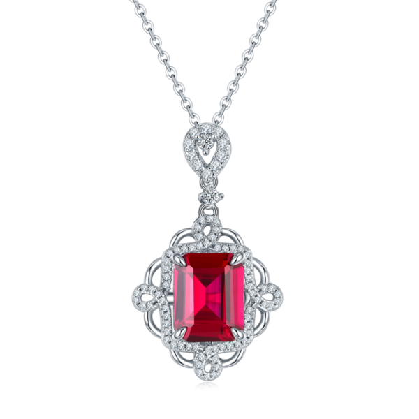 Baguette-grown ruby S925 silver-plated white gold necklace (BZH73O) - Image 2