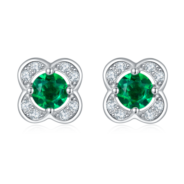 Round Bred Emerald S925 Silver Plated White Gold Earrings (BZH45S) - Image 2