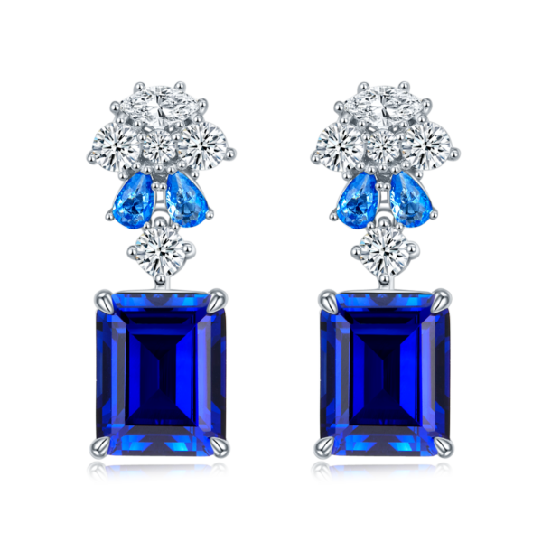 Baguette Lab Sapphire S925 Silver Plated White Gold Earrings (BZH90S) - Image 2