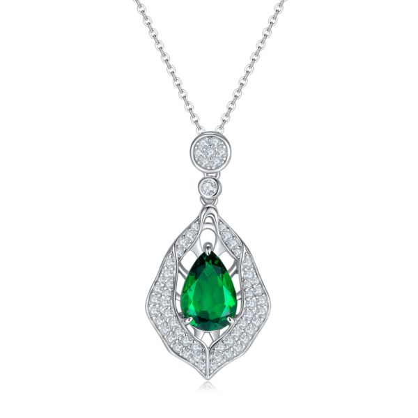 Pear shaped lab-grown emerald S925 silver-plated white gold necklace (BZH108O) - Image 2