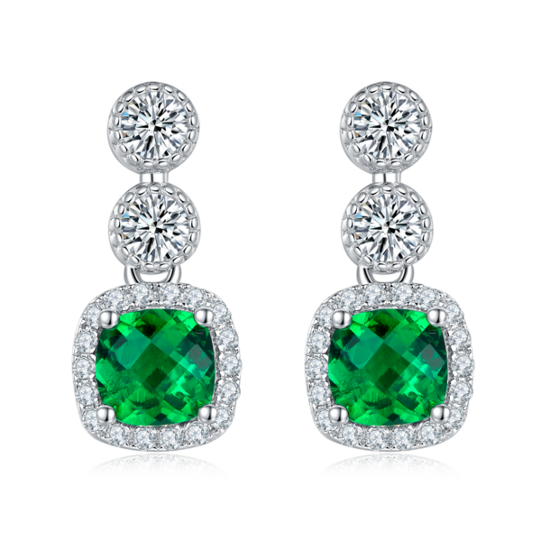 Cushion shaped nudified emerald S925 silver plated white gold earrings (BZH47S) - Image 2