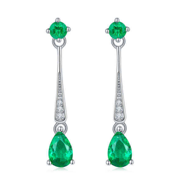 Pear-shaped lab-grown emerald S925 silver plated white gold earrings (BZH48S) - Image 2