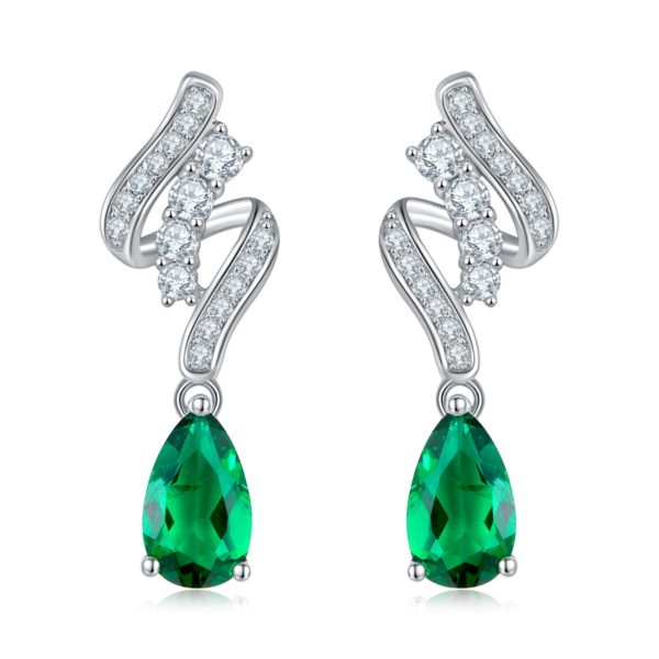 Pear-shaped lab-grown emerald S925 silver plated white gold earrings (BZH49S) - Image 2