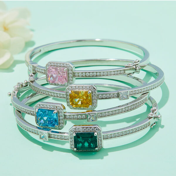 YELLOW-PINK-BLUE Rectangular high-carbon diamond bracelet AND Green baguette lab-grown emerald bracelet (BZH22U) - Image 3