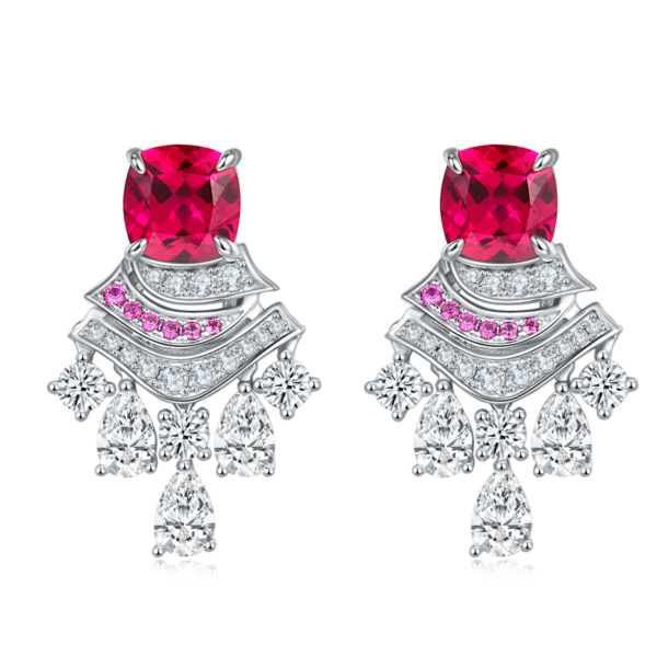 Cushion-shaped cultured colored gemstone S925 silver plated white gold earrings (BZH85S) - Image 3