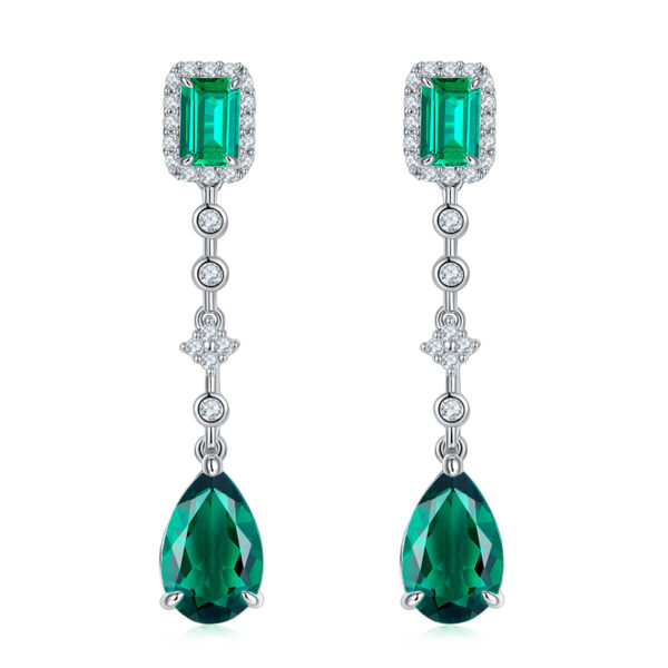 Pear-shaped + rectangular high-carbon diamond & Pear-shaped + rectangular emerald earrings (BZH36S) - Image 2