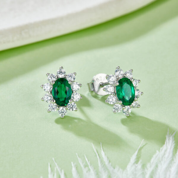 Egg-shaped lab-shaped nurture emerald S925 silver plated white gold earrings (BZH42S) - Image 3