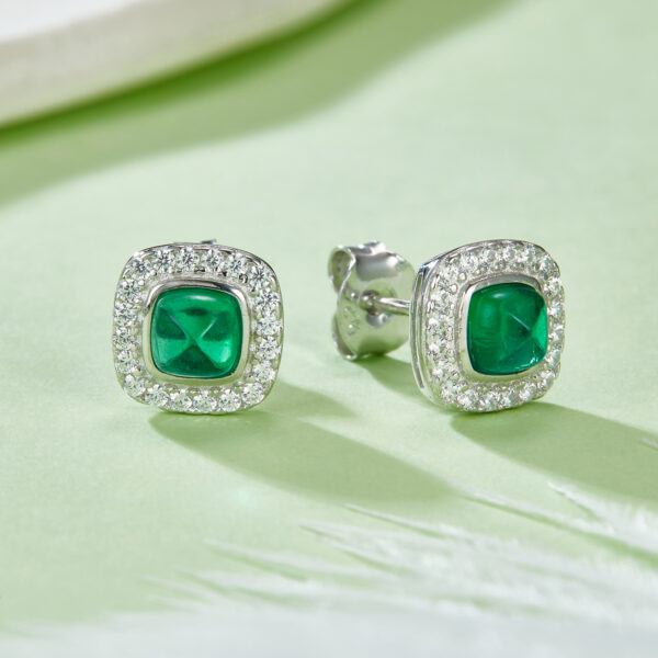 Cushion shaped nudified emerald S925 silver plated white gold earrings (BZH43S) - Image 3