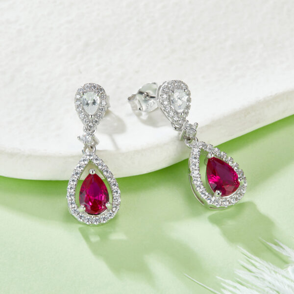 Pear-shaped lab-grown ruby S925 silver plated white gold earrings (BZH63S)