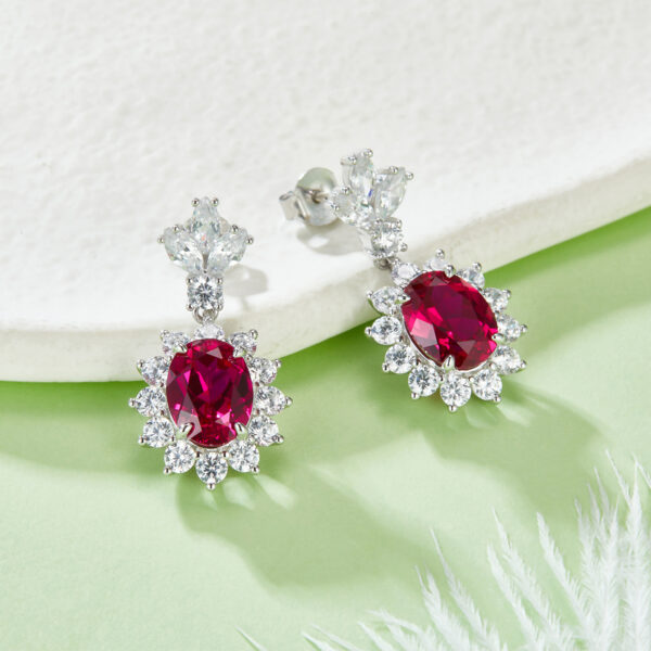 Egg-shaped lab-grown ruby S925 silver and white gold-plated earrings (BZH68S)