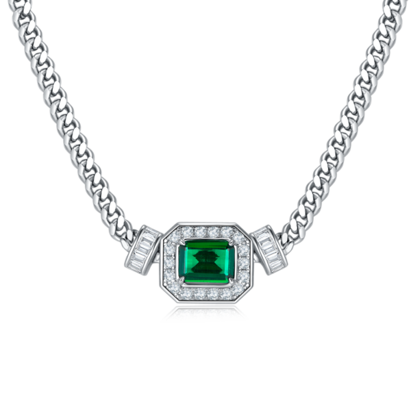 Baguette Lab Emerald S925 Silver Plated White Gold Necklace Bracelet Set (BZH58T) - Image 2