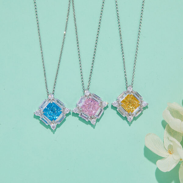 Yellow-Pink-Blue square high-carbon diamond necklace (BZH21O) - Image 3