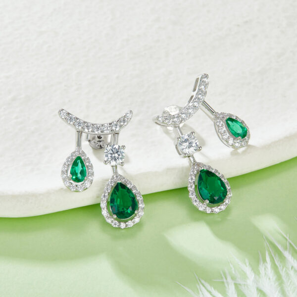 Pear-shaped lab-grown emerald S925 silver earrings (BZH86S)