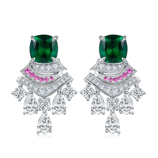 Cushion-shaped cultured colored gemstone S925 silver plated white gold earrings (BZH85S) - Image 4