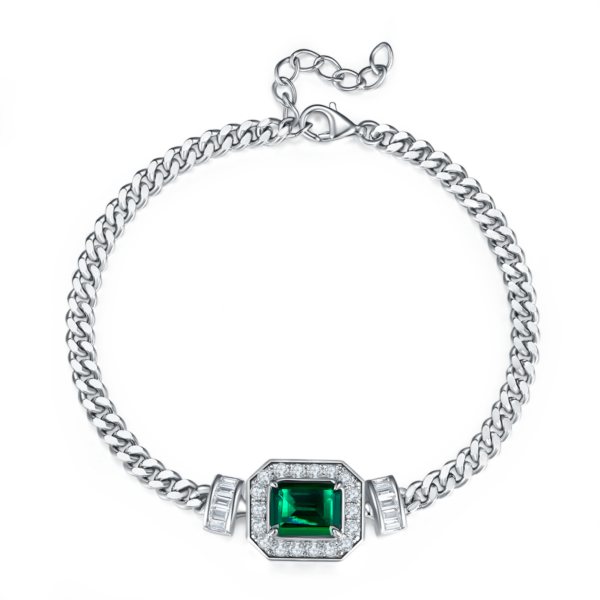 Baguette Lab Emerald S925 Silver Plated White Gold Necklace Bracelet Set (BZH58T) - Image 3