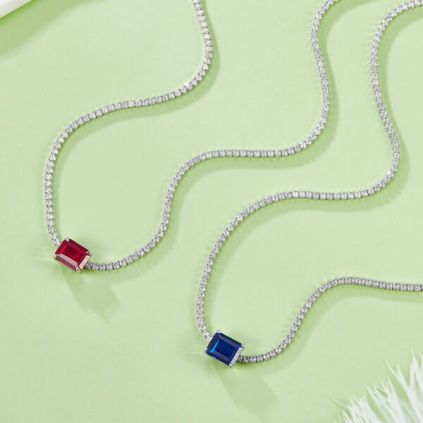 Rectangular cultivated colored gemstone S925 silver-plated white gold necklace (BZH56O) - Image 5