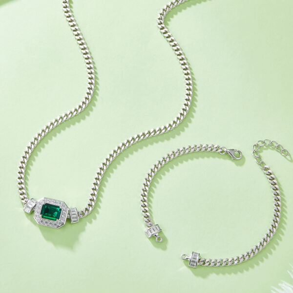 Baguette Lab Emerald S925 Silver Plated White Gold Necklace Bracelet Set (BZH58T) - Image 4