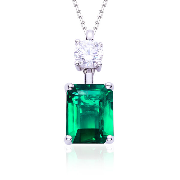 High-carbon Diamond and baguette lab-grown emerald necklace (BZH25O) - Image 4