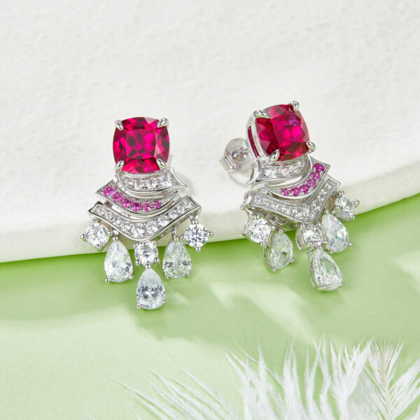 Cushion-shaped cultured colored gemstone S925 silver plated white gold earrings (BZH85S) - Image 6