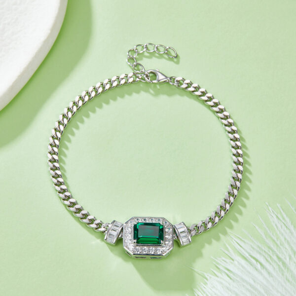 Baguette Lab Emerald S925 Silver Plated White Gold Necklace Bracelet Set (BZH58T) - Image 6