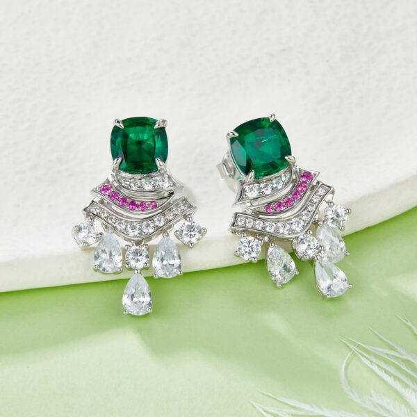 Cushion-shaped cultured colored gemstone S925 silver plated white gold earrings (BZH85S)