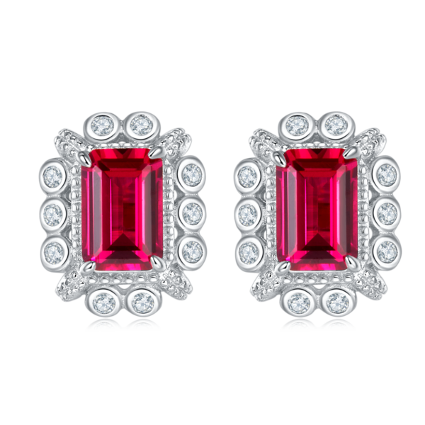 Baguette Labed Ruby S925 Silver Plated White Gold Earrings (BZH102S) - Image 2