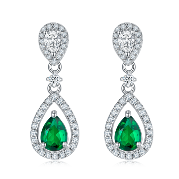 Pear-shaped lab-grown emerald S925 silver plated white gold earrings (BZH103S) - Image 2