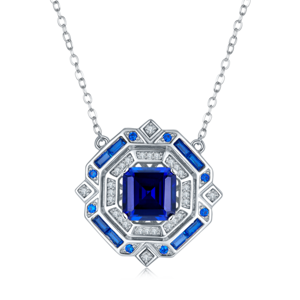 Princess-shaped lab-grown sapphire S925 silver-plated white gold necklace (BZH104O) - Image 2