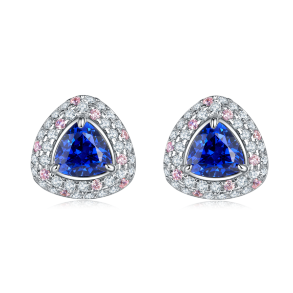 Triangular Lab Sapphire S925 Silver Plated White Gold Earrings (BZH105S) - Image 2