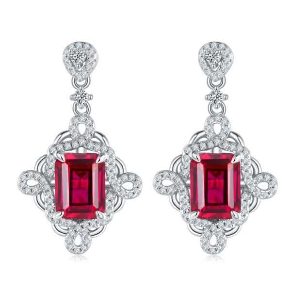 Baguette Lab Ruby S925 Silver Plated White Gold Earrings 4 (BZH93S) - Image 2