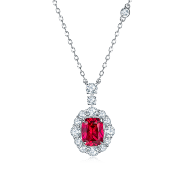 Baguette-grown ruby S925 silver-plated white gold necklace (BZH116O) - Image 2