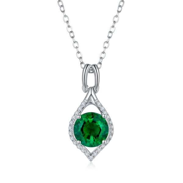 Round Brushed Emerald S925 Silver Plated White Gold Necklace (BZH117O) - Image 2