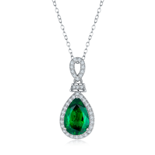 Pear shaped lab-grown emerald S925 silver-plated white gold necklace (BZH118O) - Image 2